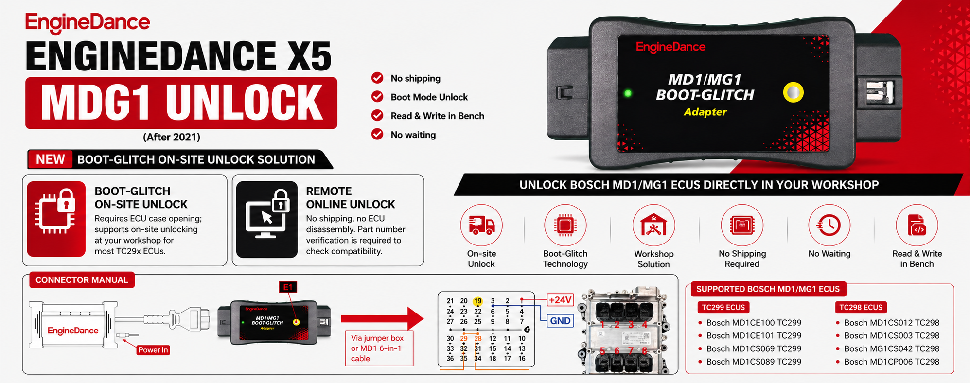 EngineDance X5 Bosch MD1/MG1 Boot-Glitch Unlock – TC298 & TC299 ECU Programming